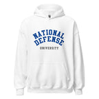 Unisex heather gray hoodie featuring National Defense University logo printed across the front chest