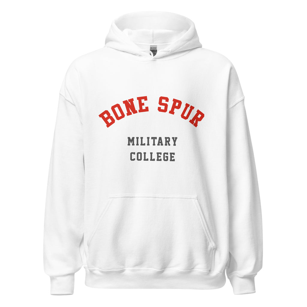 Unisex heather gray hoodie featuring Bone Spur Military College logo printed across the front chest