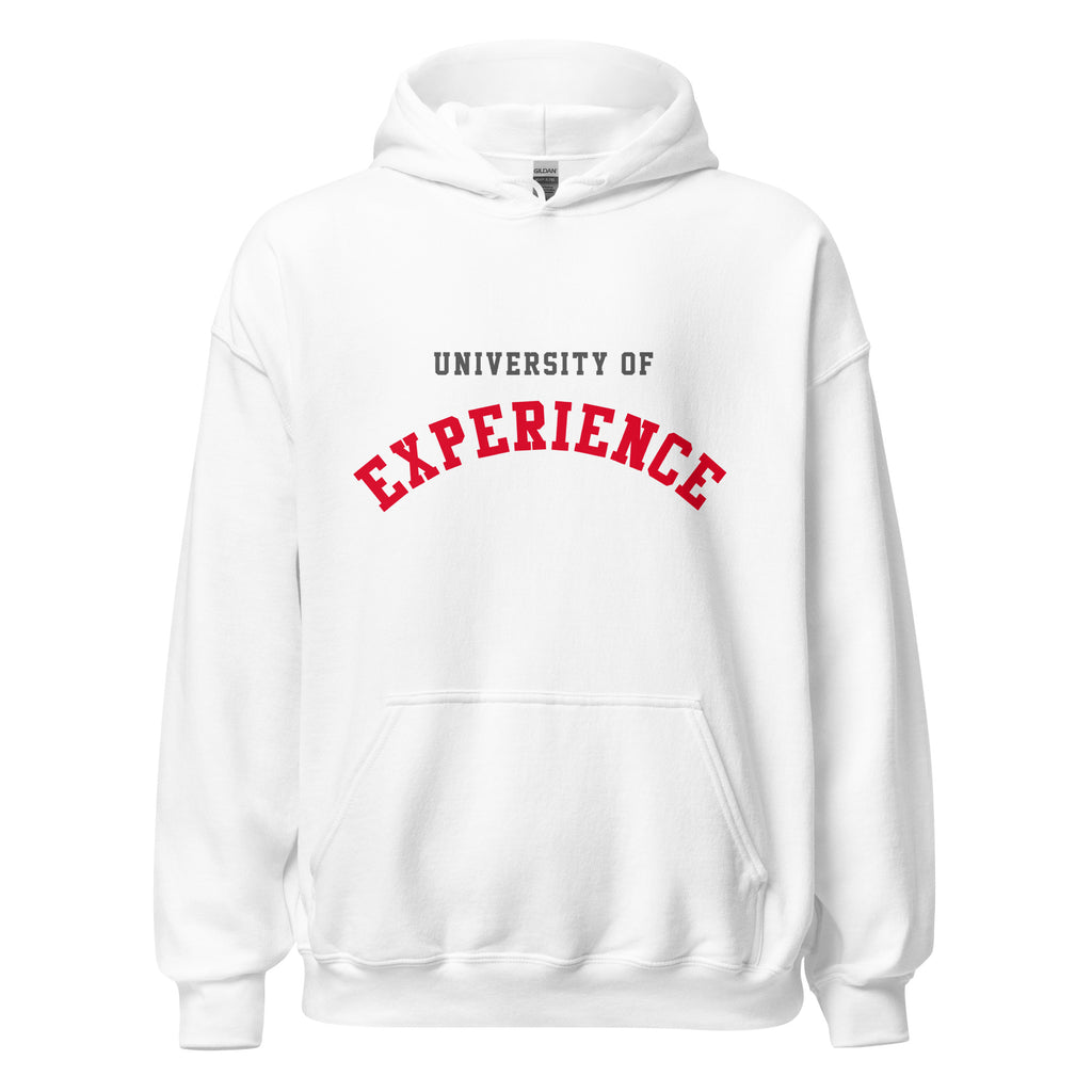 Unisex heather gray hoodie featuring University of Experience logo printed across the front chest