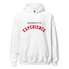 Unisex heather gray hoodie featuring University of Experience logo printed across the front chest