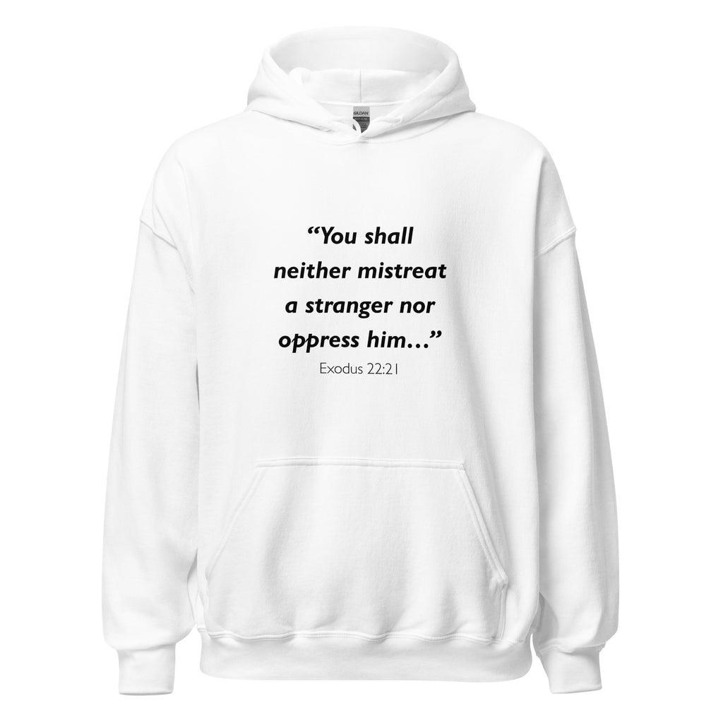 Unisex heather gray hoodie with Exodus 22:21 Bible verse printed across the chest