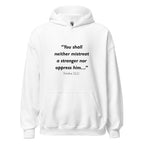 Unisex heather gray hoodie with Exodus 22:21 Bible verse printed across the chest