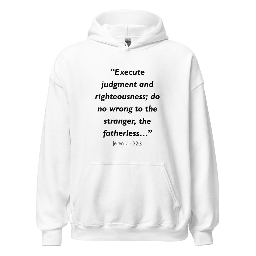 Unisex heather gray hoodie with Jeremiah 22:3 Bible verse printed across the chest
