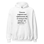 Unisex heather gray hoodie with Jeremiah 22:3 Bible verse printed across the chest
