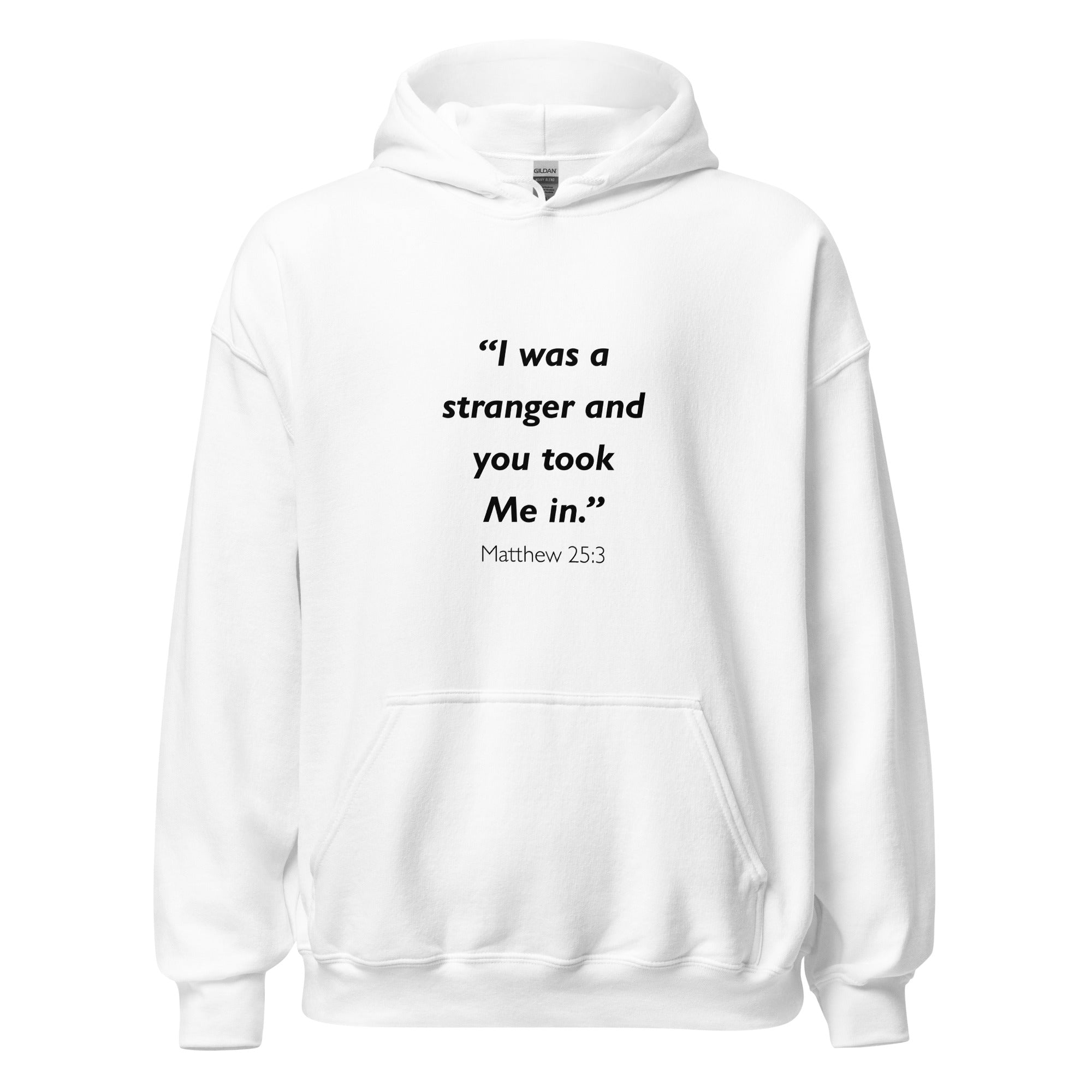 Unisex heather gray hoodie with Matthew 25:35 Bible verse printed across the chest