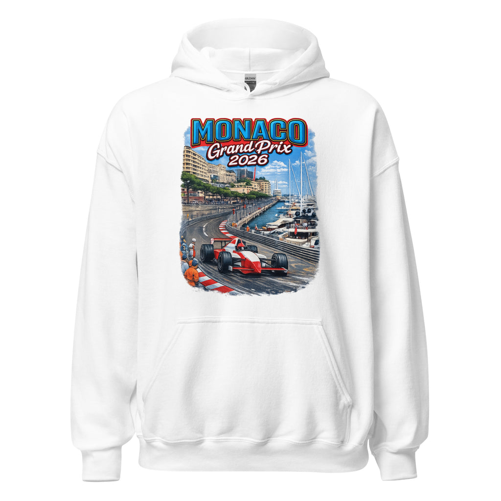 Unisex black hoodie featuring Monaco Grand Prix event graphic printed across the front chest