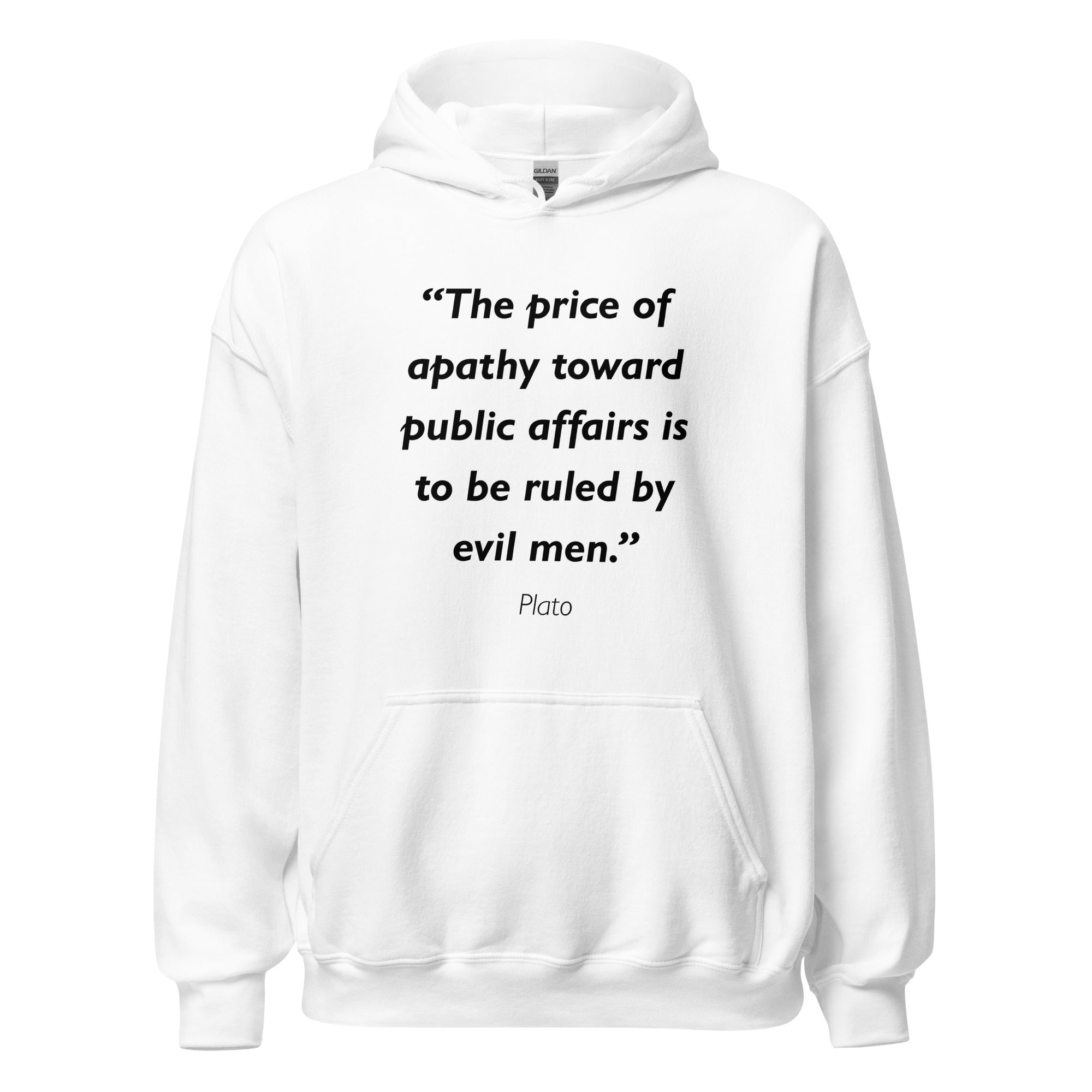 Unisex heather gray hoodie featuring Plato Apathy quote typography printed across the front chest