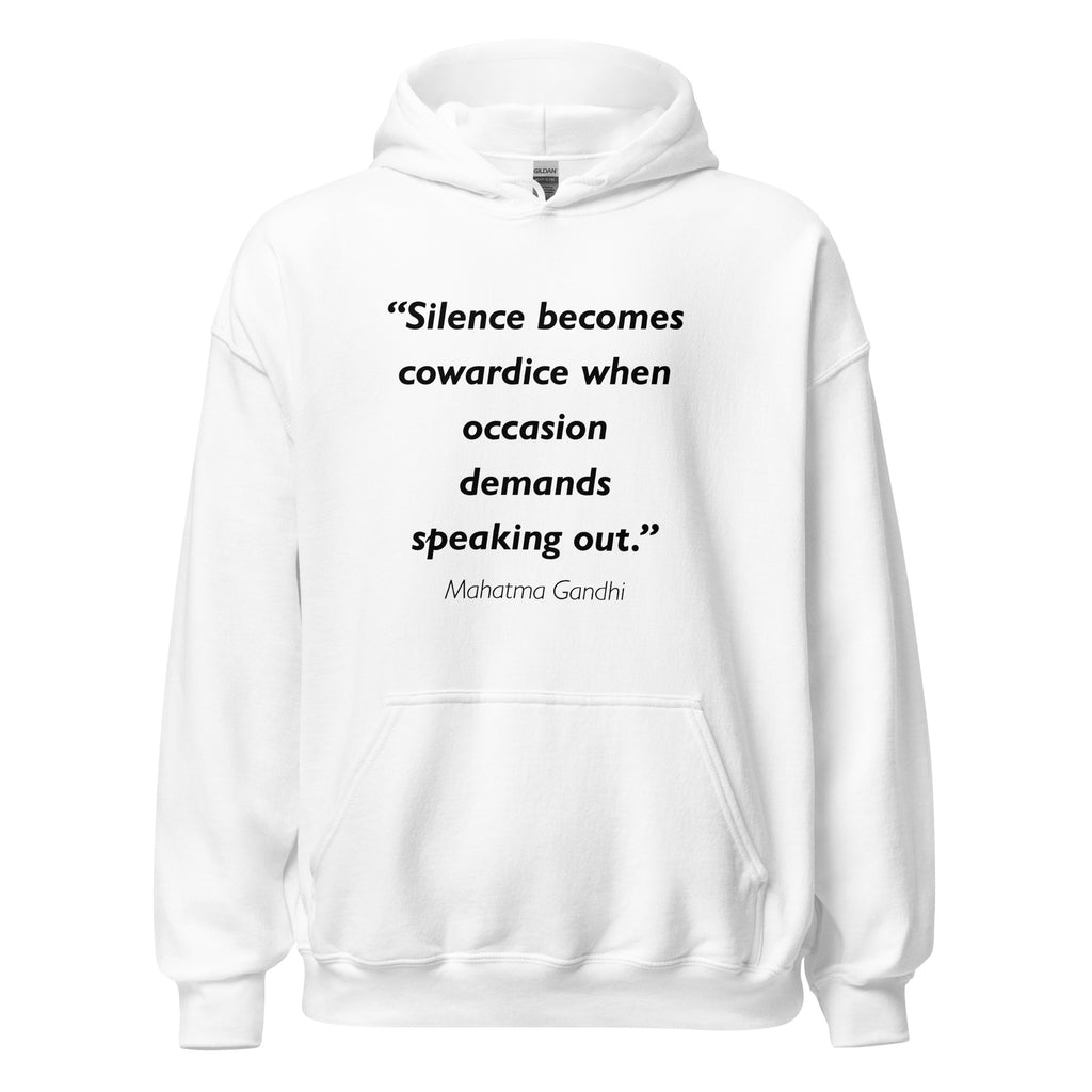 Unisex heather gray hoodie featuring Mahatma Gandhi Silence quote typography printed across the front chest