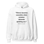 Unisex heather gray hoodie featuring Mahatma Gandhi Silence quote typography printed across the front chest
