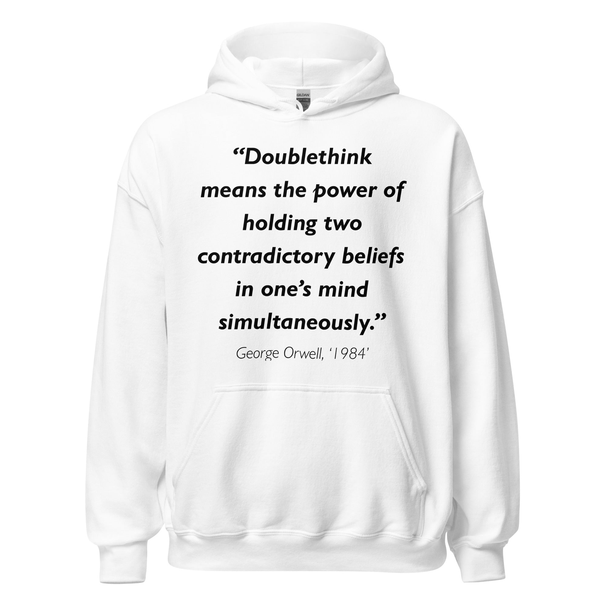 Unisex heather gray hoodie featuring George Orwell 1984 Doublethink quote typography printed across the front chest