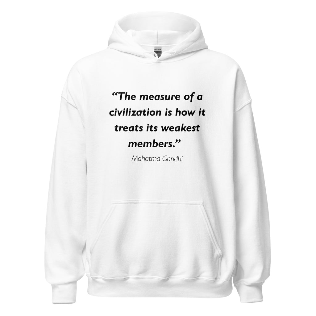 Unisex heather gray hoodie featuring Mahatma Gandhi Civilization quote typography printed across the front chest