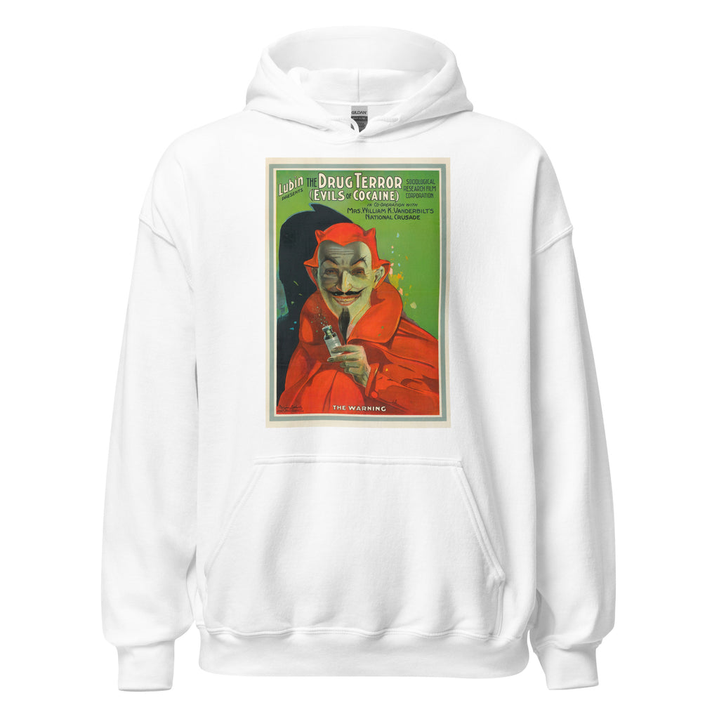 Unisex heather gray hoodie featuring vintage Evils of Cocaine poster artwork printed across the front