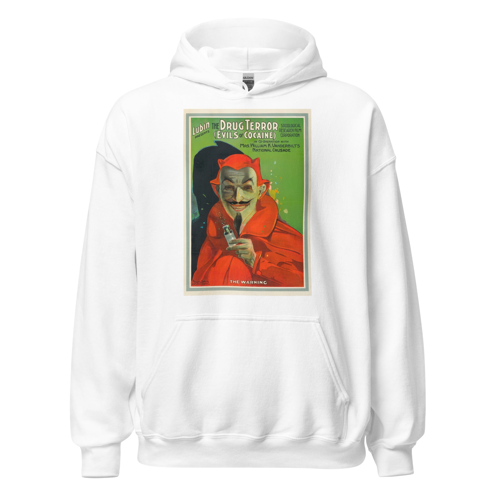 Unisex heather gray hoodie featuring vintage Evils of Cocaine poster artwork printed across the front