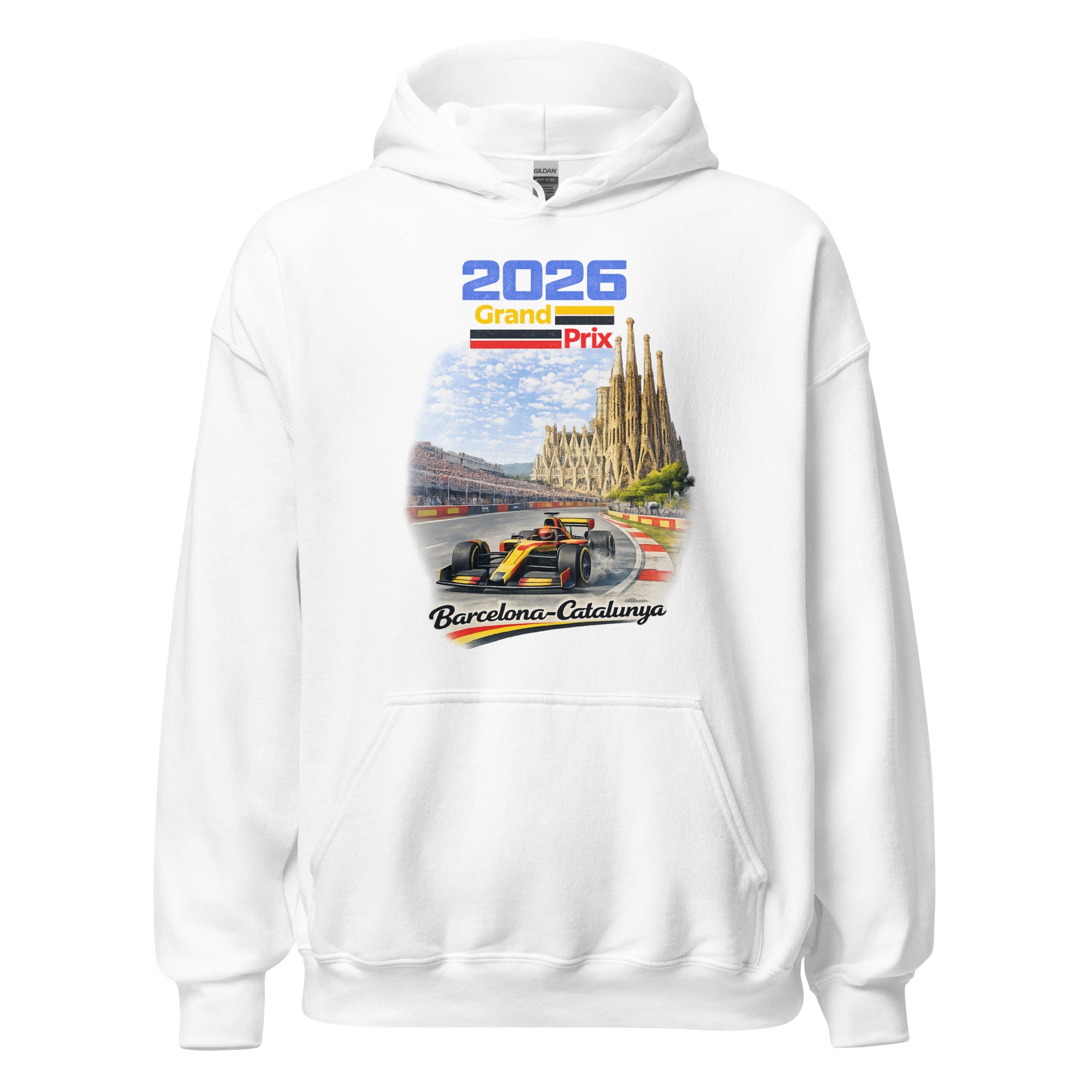 Unisex black hoodie featuring Barcelona Grand Prix event graphic printed across the front chest