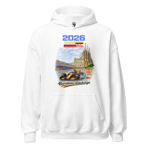 Unisex black hoodie featuring Barcelona Grand Prix event graphic printed across the front chest
