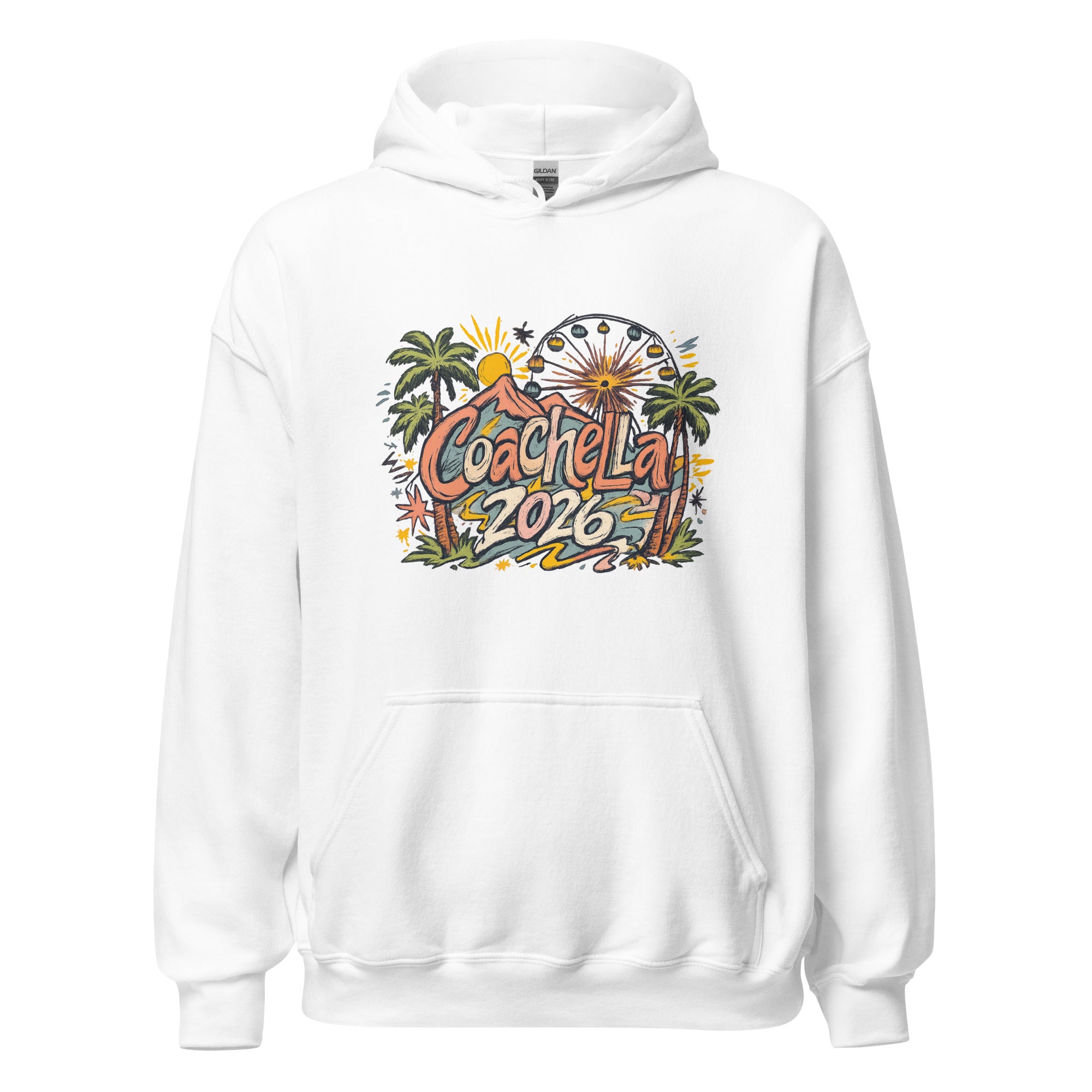 Unisex black hoodie featuring Coachella event graphic printed across the front chest