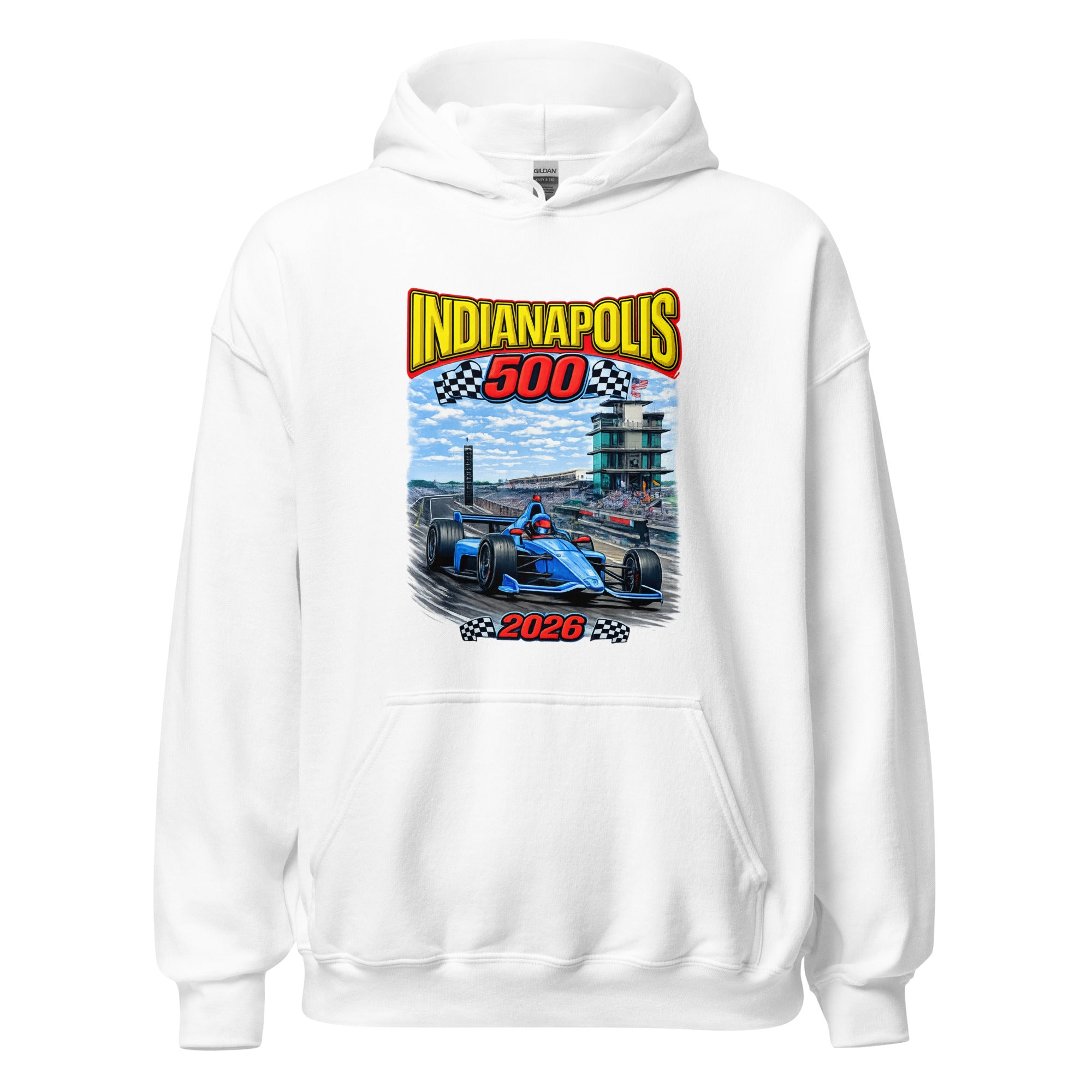 Unisex black hoodie featuring Indianapolis 500 event graphic printed across the front chest
