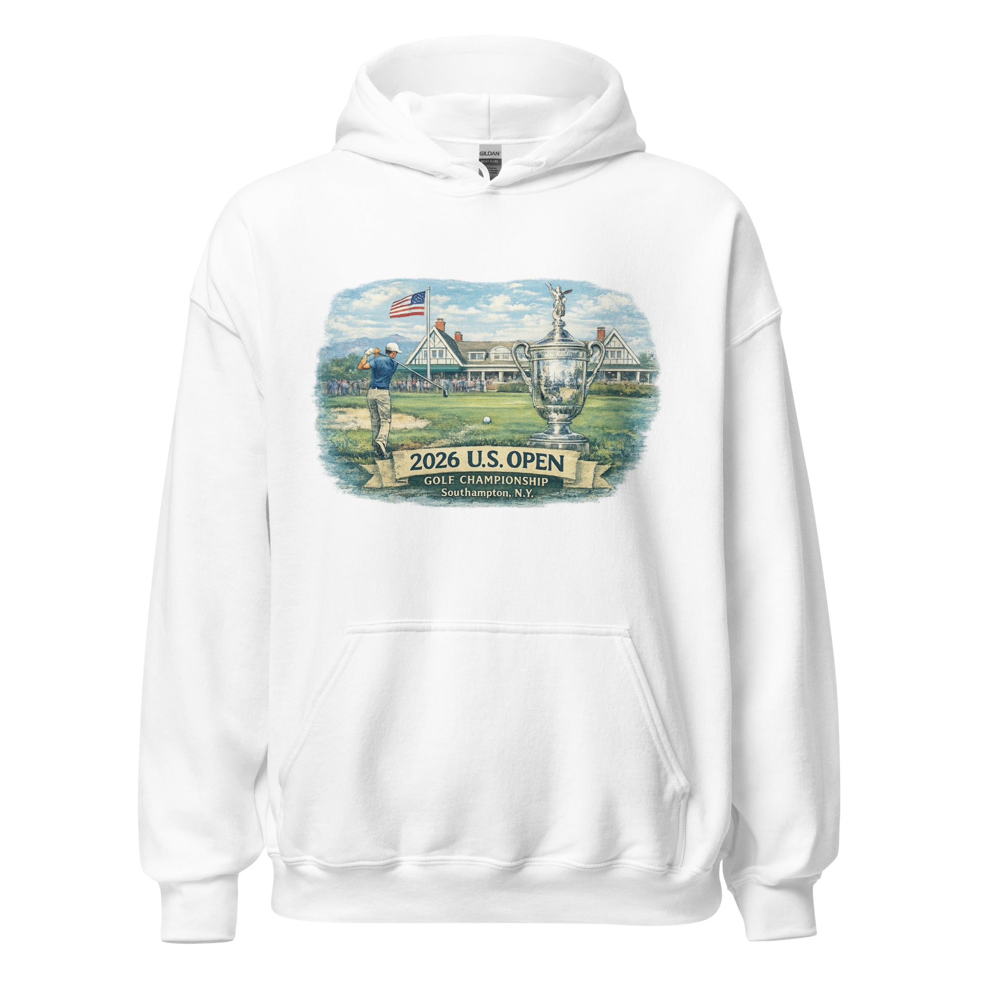 Unisex black hoodie featuring US Open Golf event graphic printed across the front chest
