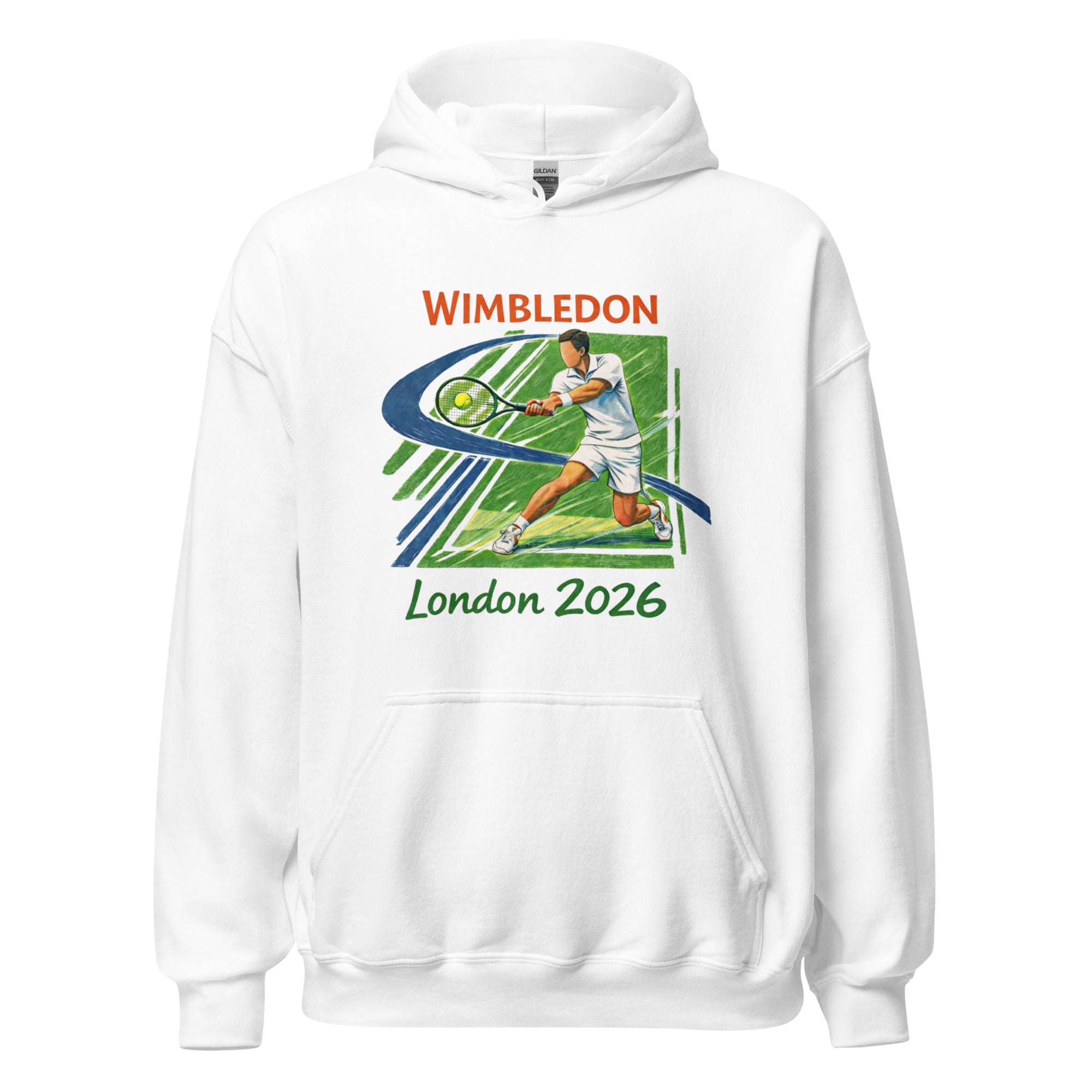 Unisex black hoodie featuring Wimbledon event graphic printed across the front chest