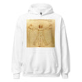 Unisex black hoodie featuring Leonardo da Vinci painting "Vitruvian Man" printed across the front