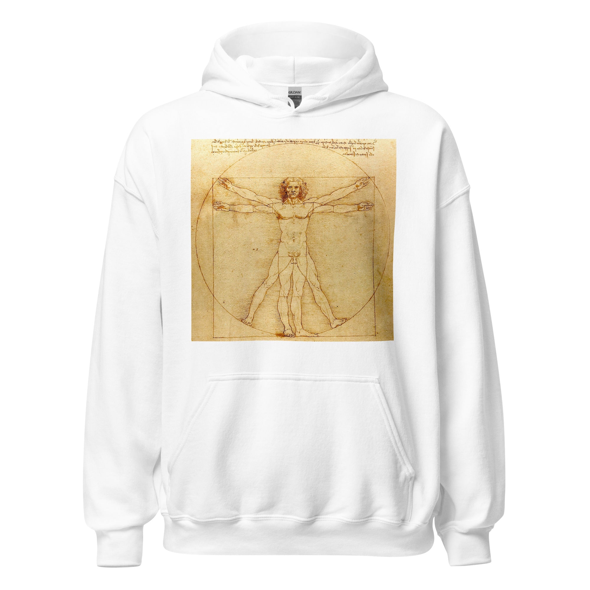 Unisex black hoodie featuring Leonardo da Vinci painting "Vitruvian Man" printed across the front
