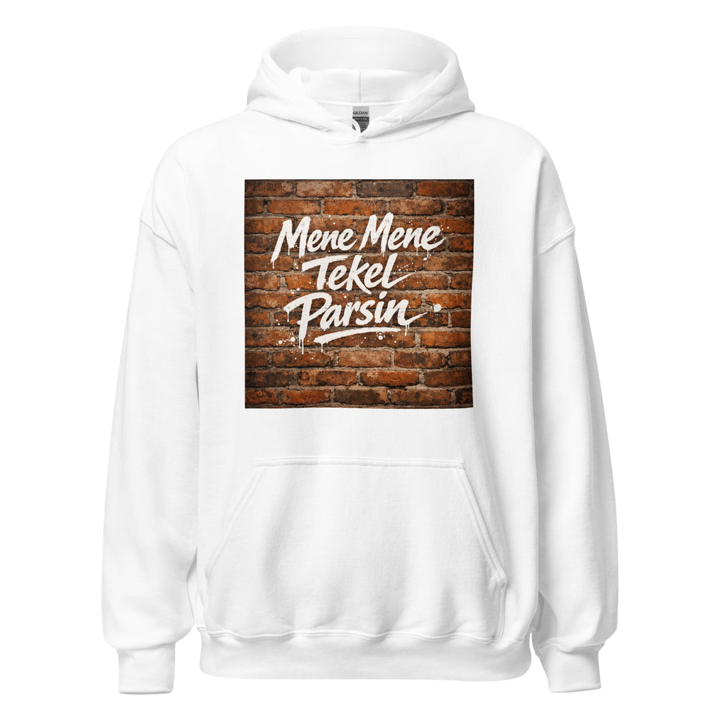 Unisex black hoodie featuring vintage Writing on the Wall poster artwork printed across the front