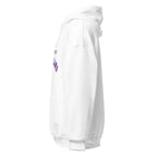 Unisex white hoodie featuring University of Queensland logo printed across the front chest