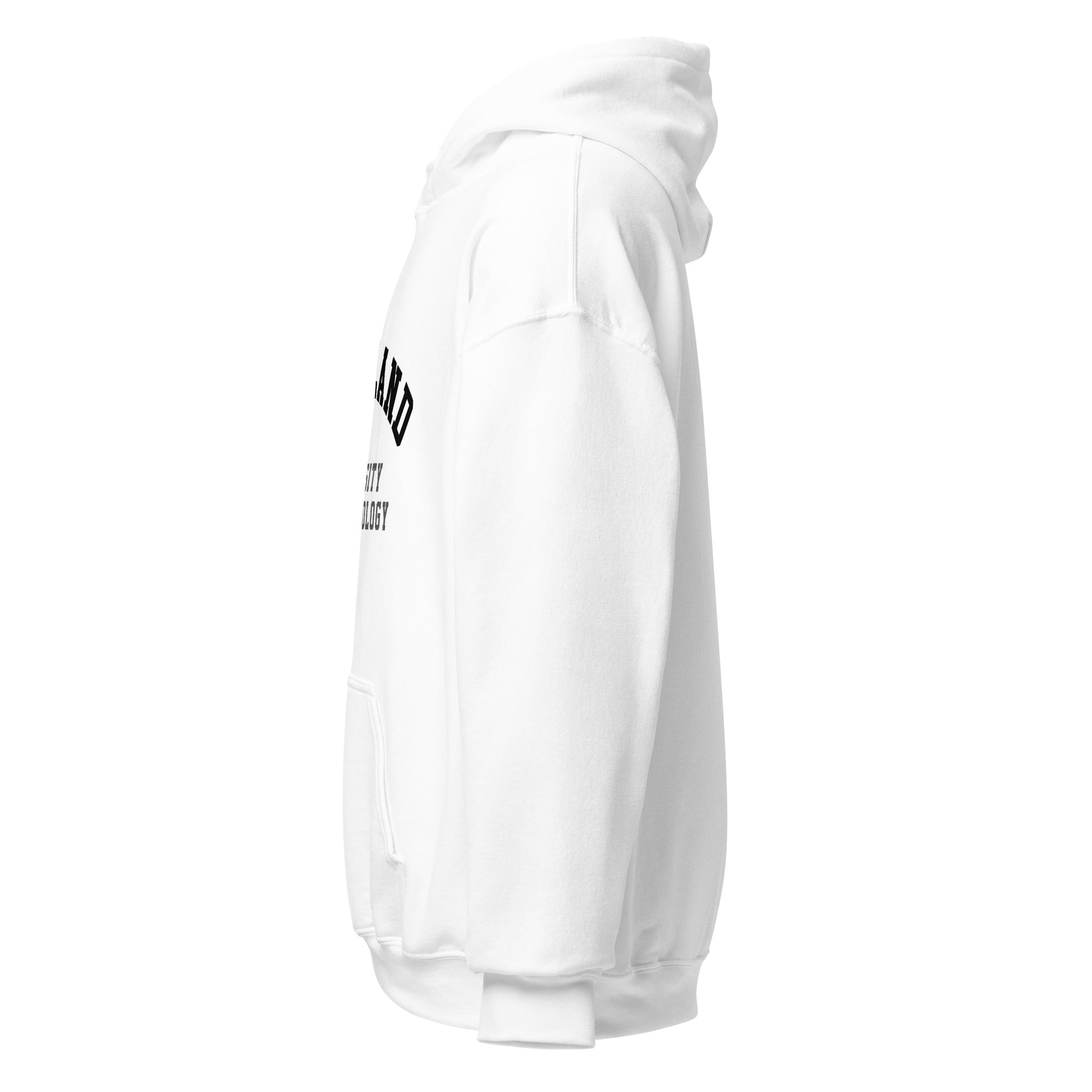 Unisex white hoodie featuring Auckland University of Technology logo printed across the front chest