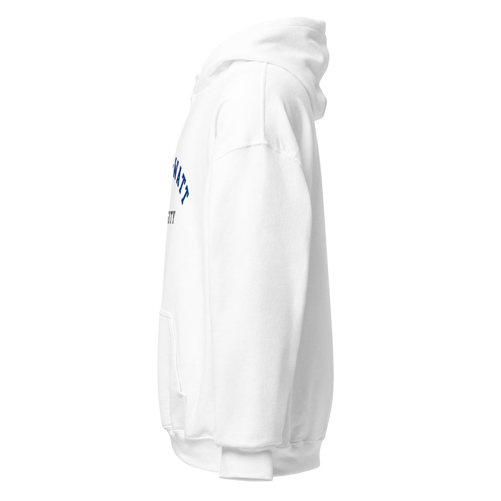 Unisex white hoodie featuring Heriot-Watt University logo printed across the front chest