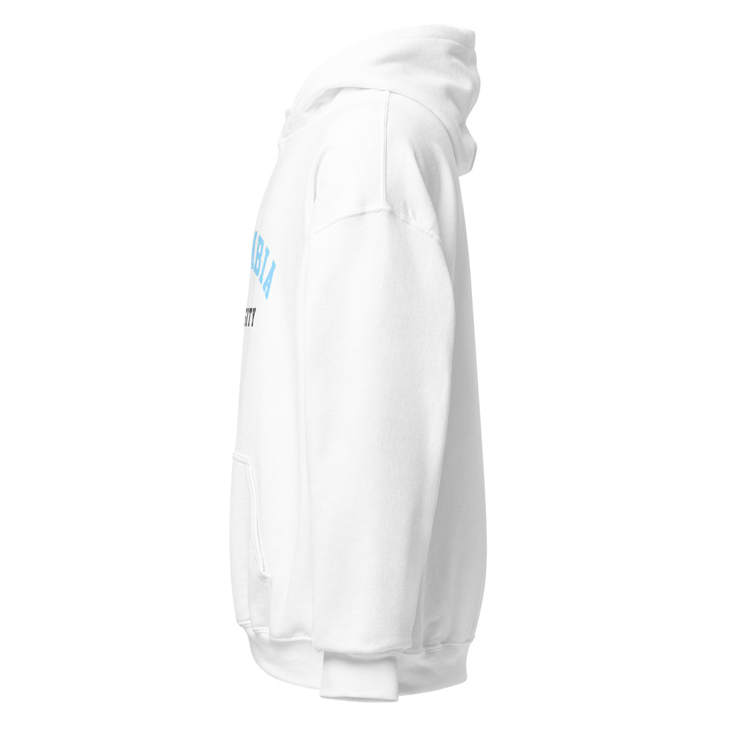 Unisex navy blue hoodie featuring Columbia University logo printed across the front chest