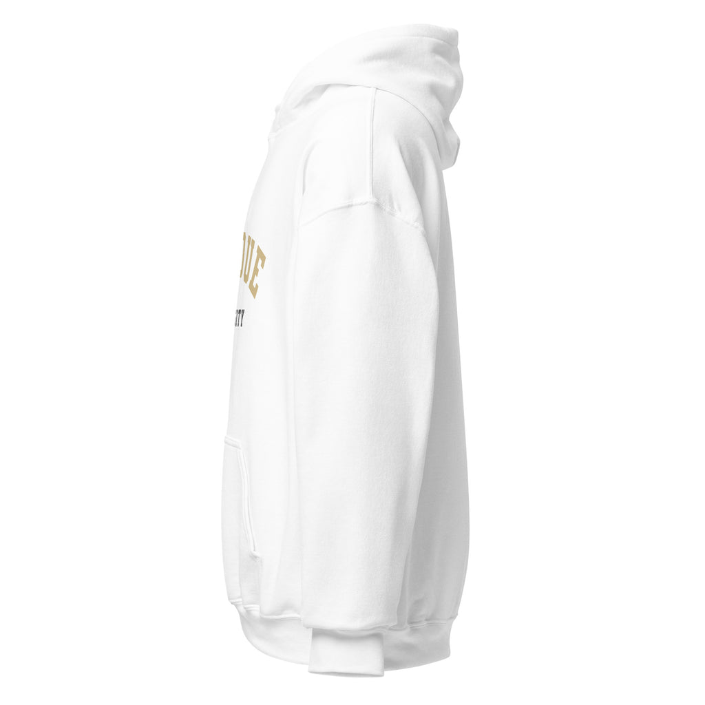 Unisex navy blue hoodie featuring Purdue University logo printed across the front chest