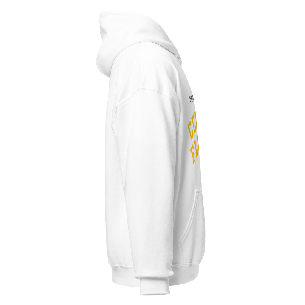 Unisex navy blue hoodie featuring University of Central Florida logo printed across the front chest